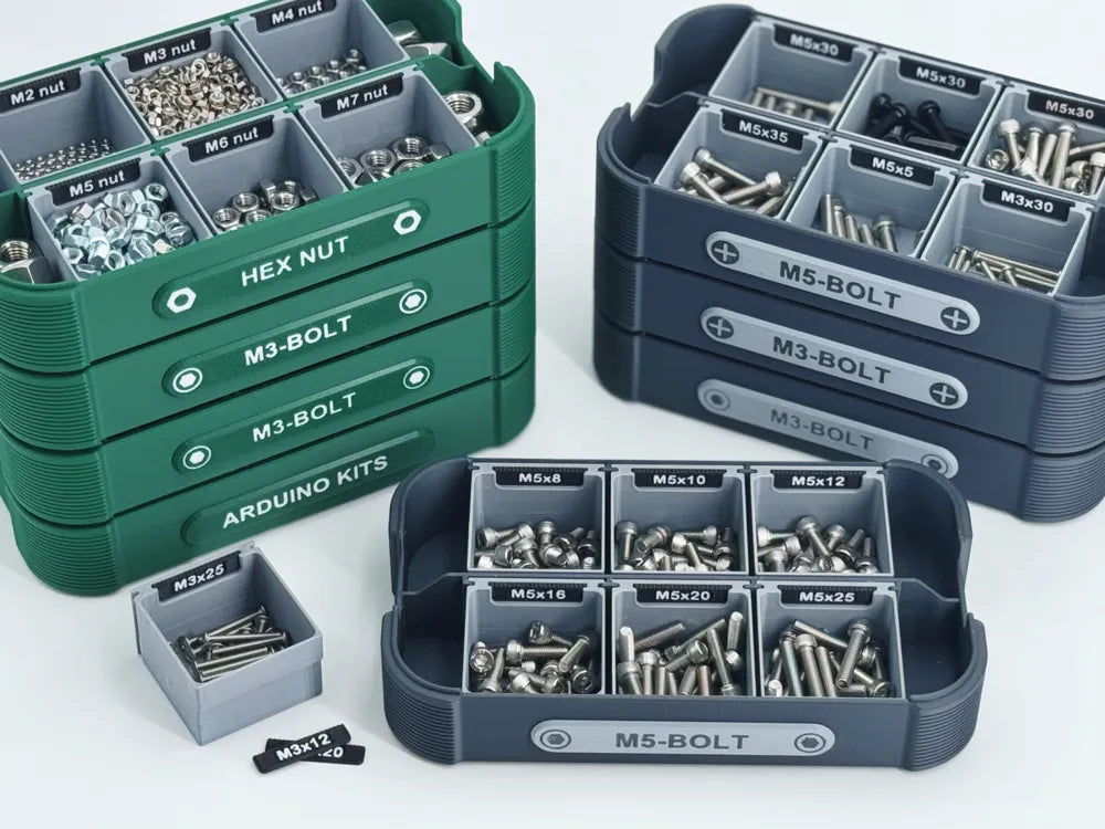 Stackable parts storage box with nameplate, designed by Meyui
