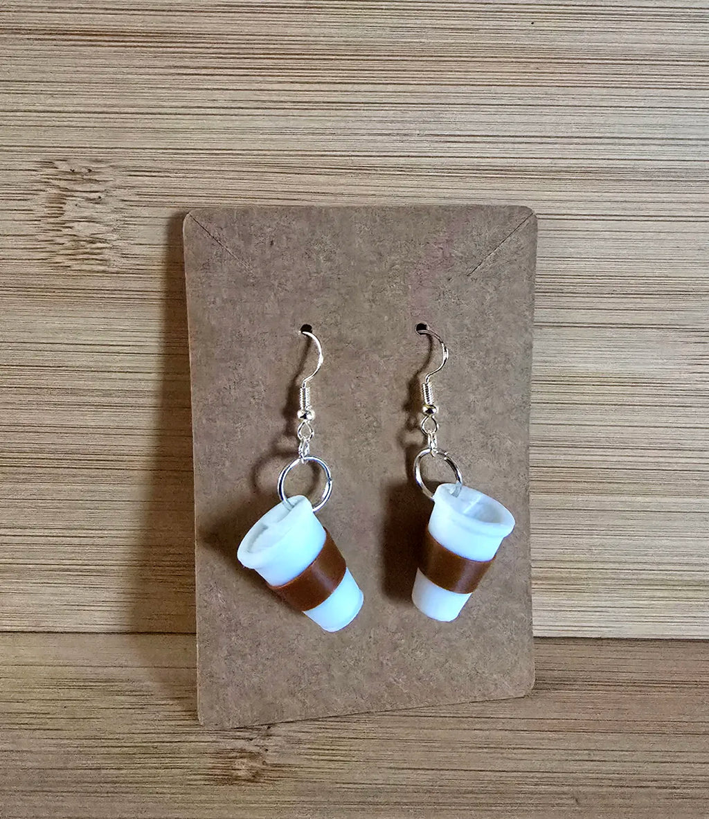Coffee cup earrings close-up