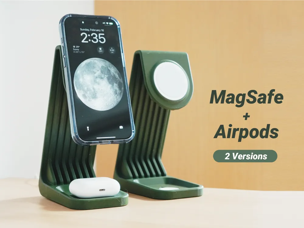 iPhone stand riser with MagSafe and AirPods tray, designed by Meyui
