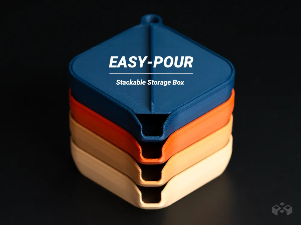 Easy-pour stackable small parts storage box, designed by Meyui