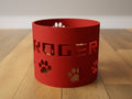 Personalized dog bowl riser with name and paw prints